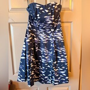 H&M Elegant Navy and White Watercolor Strapless Dress Sz 14
